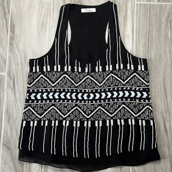 Parker Black and White Silk Beaded Fun Top Size Small - Picture 1 of 6